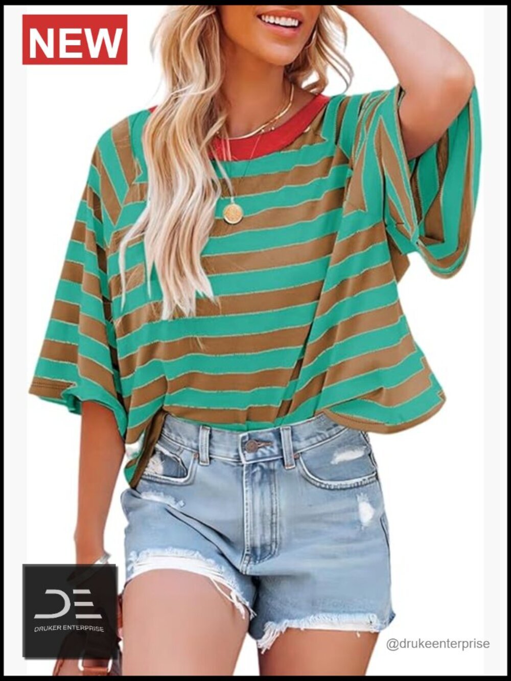 Striped Crewneck Short Sleeve Tee Loose Fit Soft Blend Top